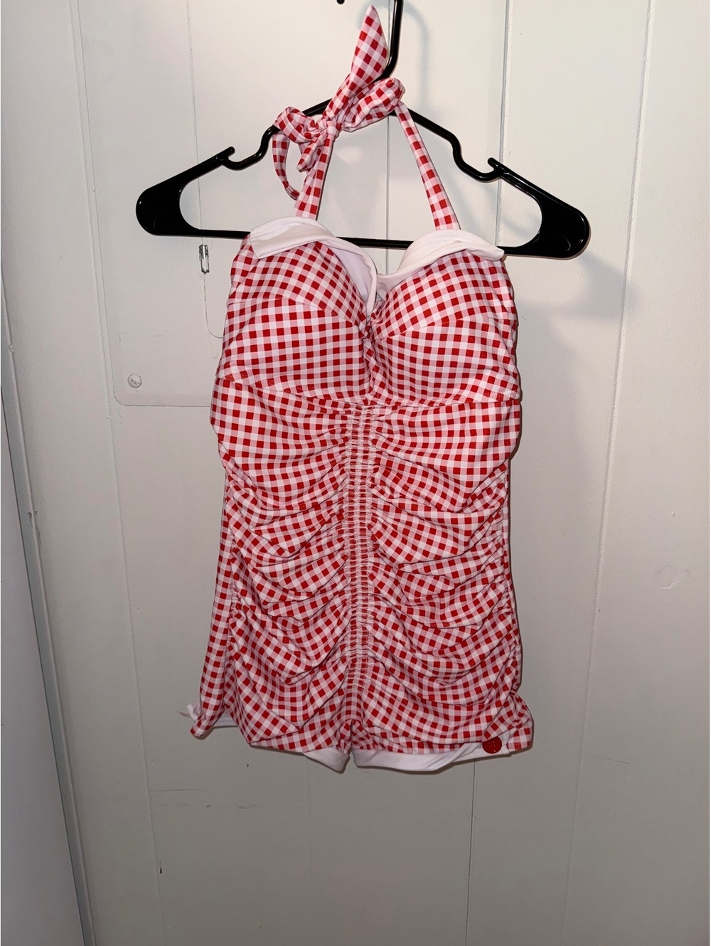 Retrostage Red & White Gingham Halter Neck Ruched One-Piece Swimsuit, Size Large
